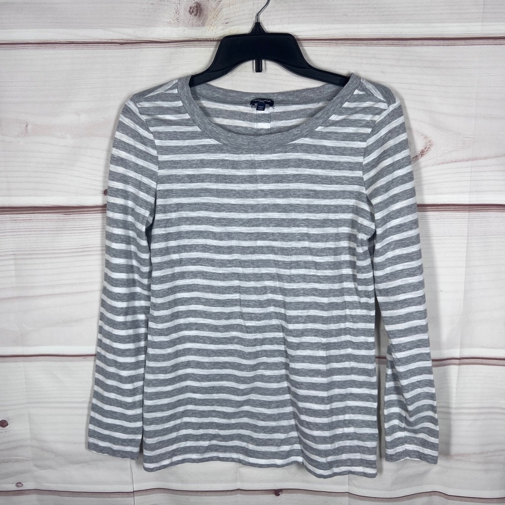 Splendid Striped Tee Top Womens Small Gray White Striped Long Sleeve Crew Neck